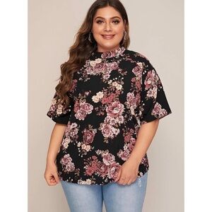 NWOT Shein Black pink floral print top 1X bohemian romantic rose peony plus size